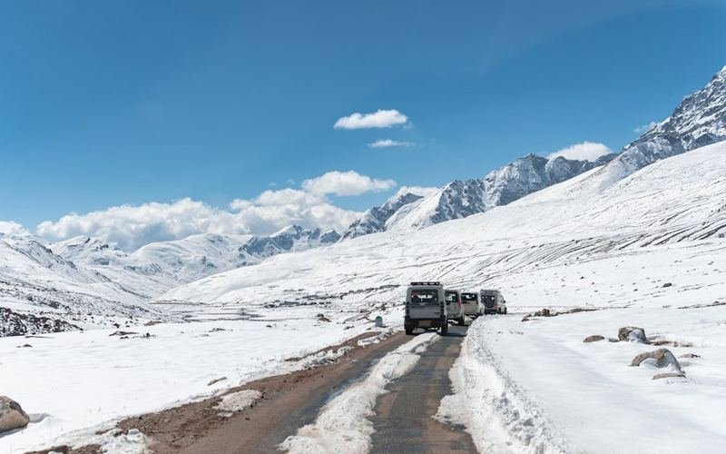 Snow-covered high mountain road in North Sikkim