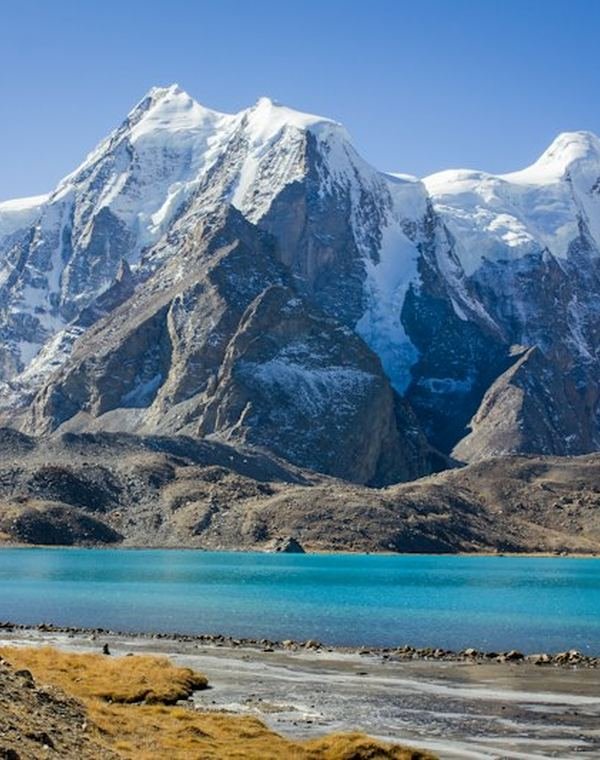 High-altitude lake below snow peaks in North Sikkim